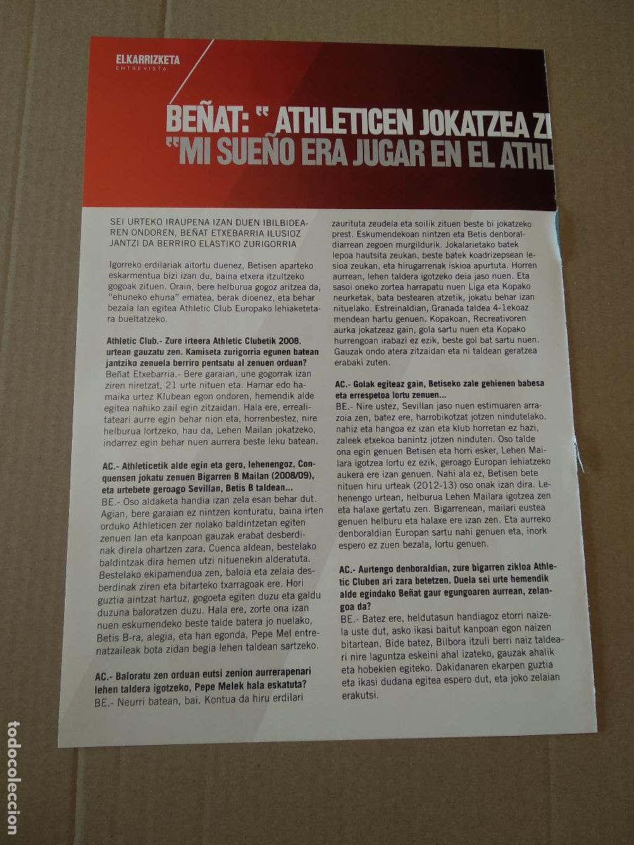 Briefmarken: HOJA REVISTA ATHLETIC CLUB BILBAO ENTREVISTA BE&Ntilde;AT PATROCINADORES