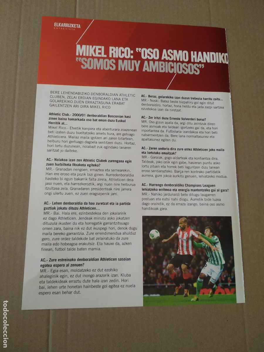 Briefmarken: HOJA REVISTA ATHLETIC CLUB BILBAO ENTREVISTA MIKEL RICO OLABARRIETA LESION TEIXEIRA VITIENES
