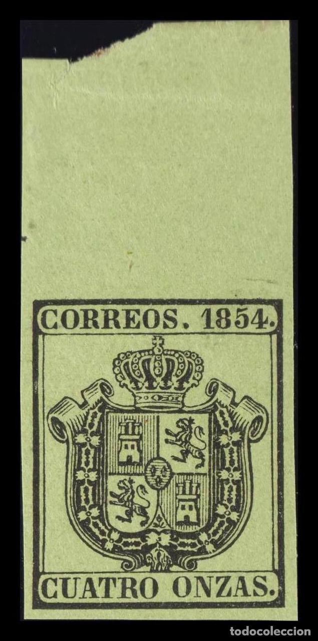 Selos: 1&ordm; y 2&ordm; Centenario. &#9733;&#9733; 30. 1854. 4 onzas negro sobre verde, borde de hoja. PIEZA DE LUJO