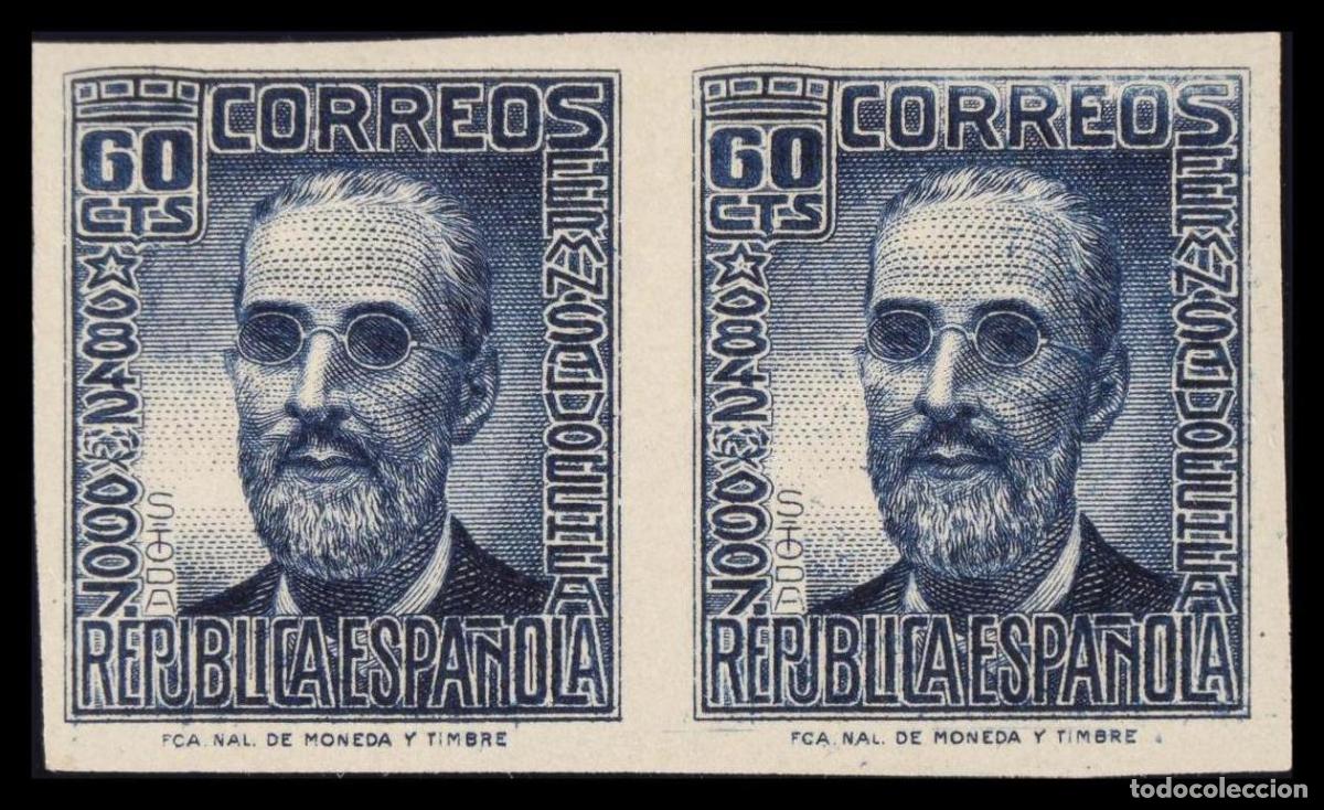 Timbres: 1&ordm; y 2&ordm; Centenario. &#9733; 739s(2). 1937. 60 cts azul, pareja. SIN DENTAR. MAGNIFICA. Edifil 2020: