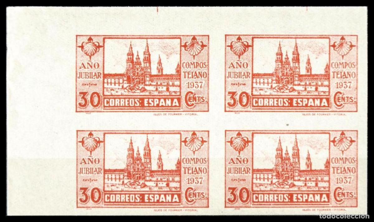 Timbres: 1&ordm; y 2&ordm; Centenario. &#9733;&#9733; 834s(4). 1937. 30 cts carm&iacute;n, bloque de cuatro, esquina de pliego