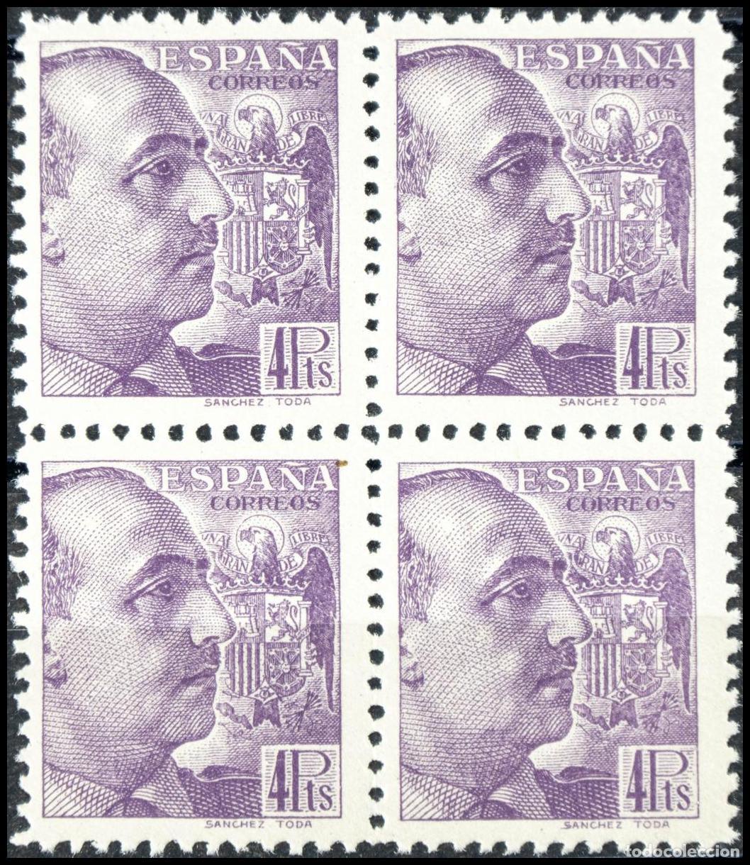 Stamps: 1&ordm; y 2&ordm; Centenario. &#9733;&#9733; 877(4). 1939. 4 pts violeta, bloque de cuatro. MAGNIFICO. Edifil