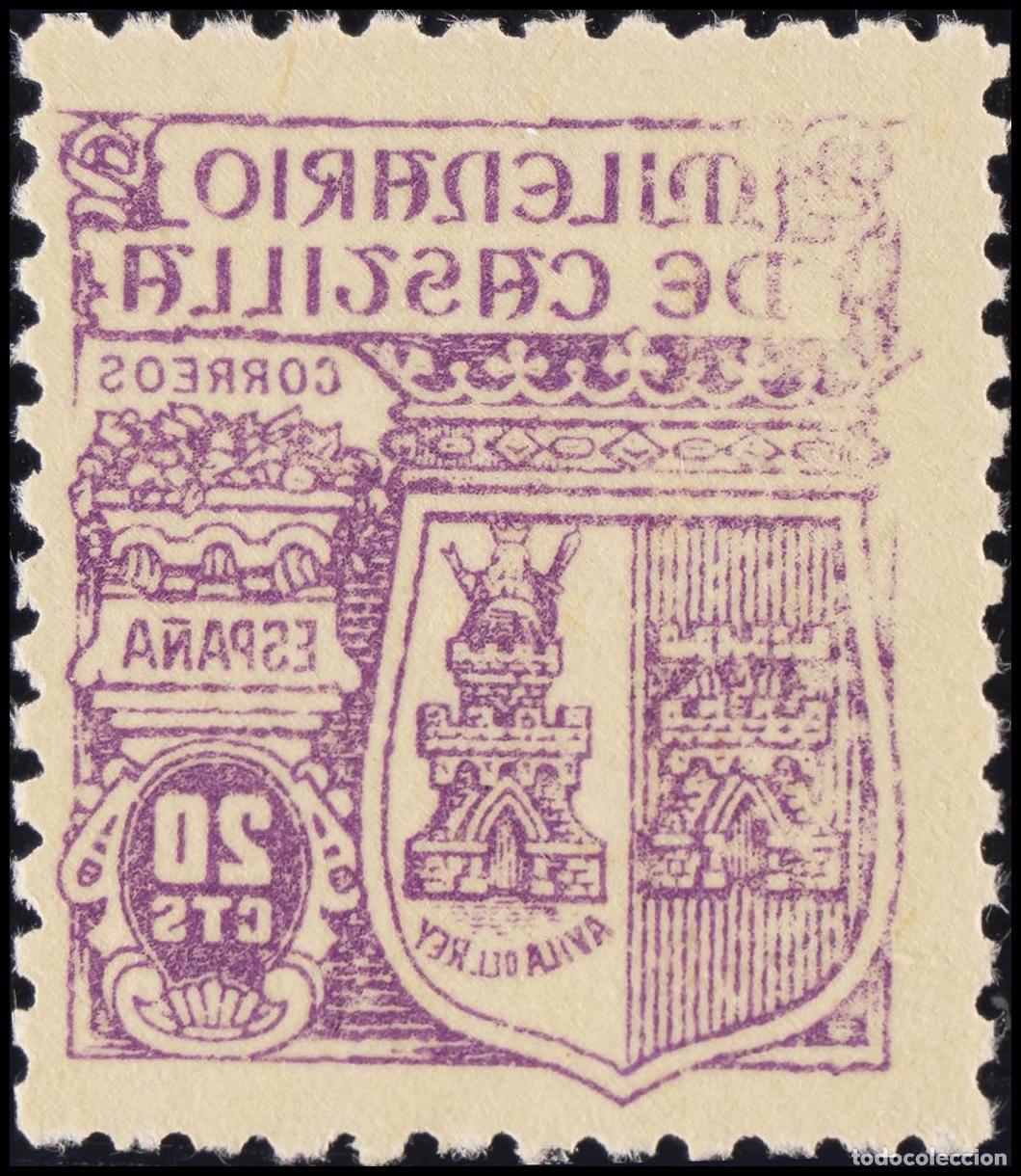 Sellos: 1&ordm; y 2&ordm; Centenario. &#9733;&#9733; 980ic. 1944. 20 cts lila. CALCADO AL DORSO. MAGNIFICO. Edifil 201