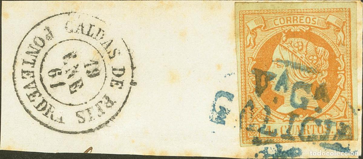 Selos: Galicia. Filatelia. &#9651; 52. 1861. 4 cuartos naranja. Matasello prefilat&eacute;lico V&ordf;G&ordf; / GALICIA, en