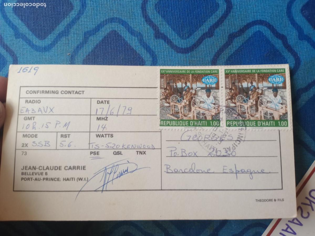 Sellos: Haiti, Port-Au-Prince, Jean-Claude Carrie . TARJETA DE RADIO AFICIONADO. QSL circulada con sellos