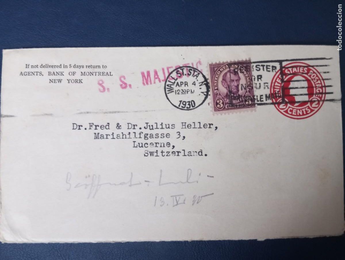 Sellos: EEUU, SOBRE ENTERO POSTAL, MARCA NAVAL DEL SS MAJESTIC, LUJO