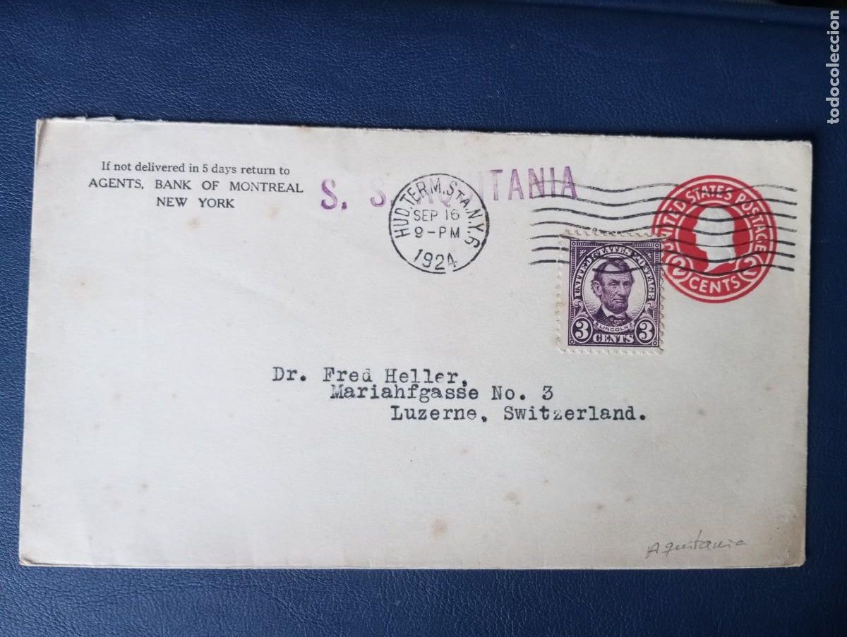 Sellos: EEUU, SOBRE ENTERO POSTAL, MARCA NAVAL DEL SS AQUITANIA, LUJO