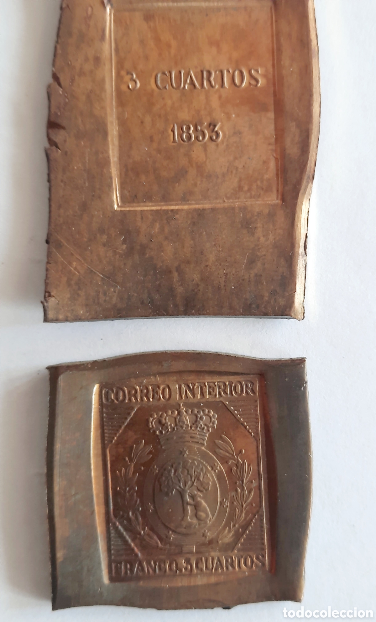 Sellos: Sello 3 cuartos 1853. En bronce. - Foto 1