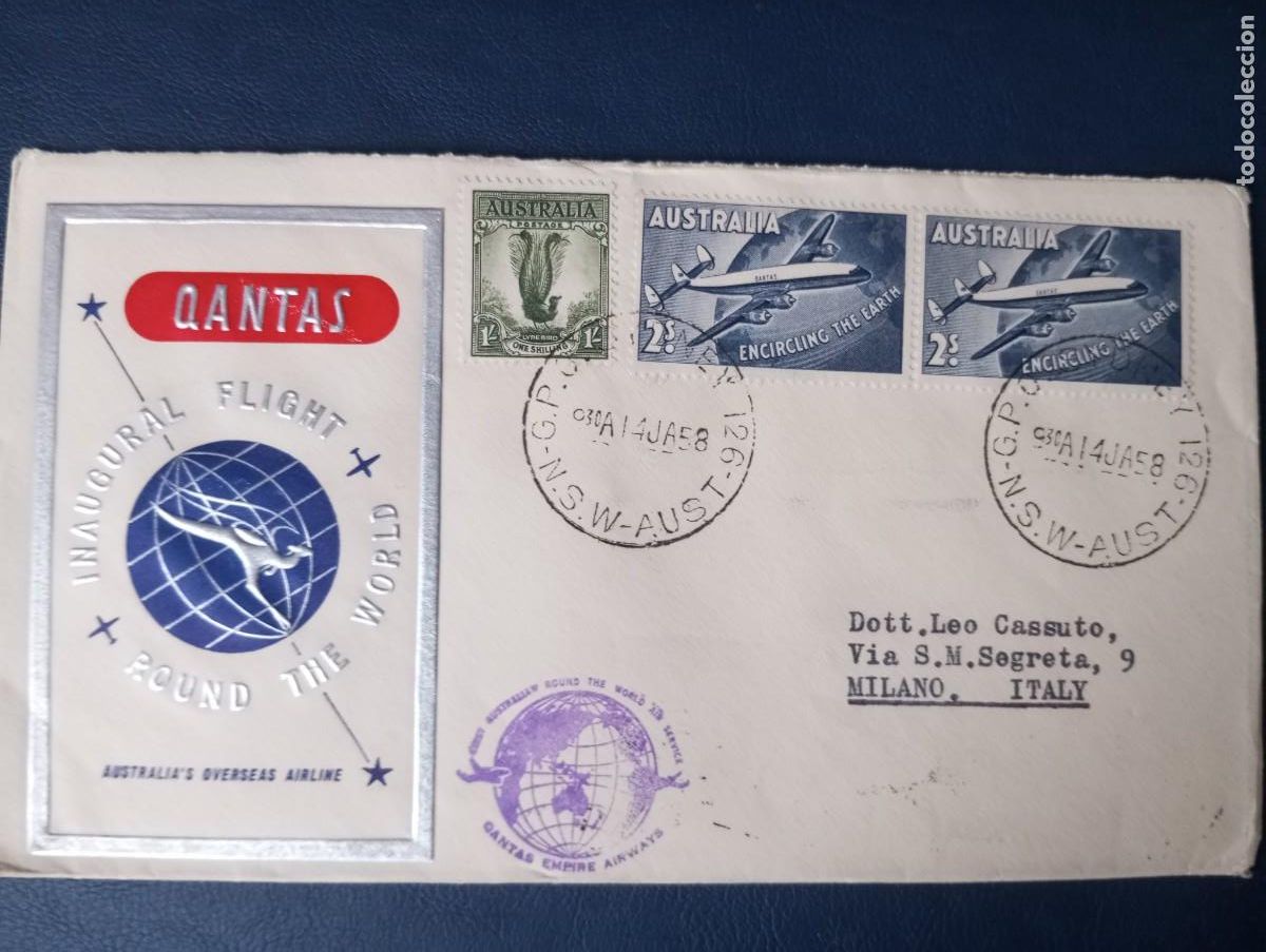 Sellos: AUSTRALIA, 1958, SOBRE INAUGURAL DE QANTAS CON DESTINO A ITALIA, DORSO MATASELLOS TRANSITO Y LLEGADA