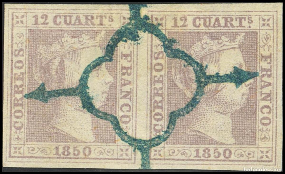Selos: Selecci&oacute;n Trato Privado. 2(2). 1850. 12 cuartos lila, pareja. Matasello ARA&Ntilde;A, en azul. MAGNIFICA Y