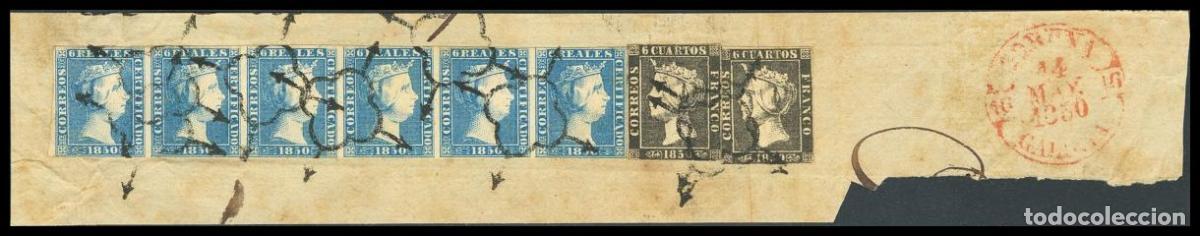 Selos: Selecci&oacute;n Trato Privado. &#9651; 1, 1A, 4(6). 1850. 6 reales azul, tira de seis y 6 cuartos negro,
