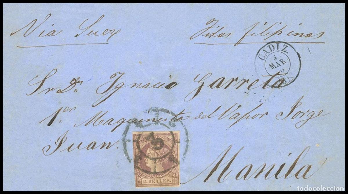 Briefmarken: Selecci&oacute;n Trato Privado. 56. 1860. 2 reales lila. CADIZ a MANILA (FILIPINAS), dirigida al maquinis