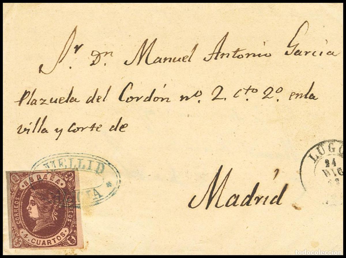 Briefmarken: Selecci&oacute;n Trato Privado. 58. 1863. 4 cuartos casta&ntilde;o. MELLID (LUGO) a MADRID. Matasello prefilat&eacute;l