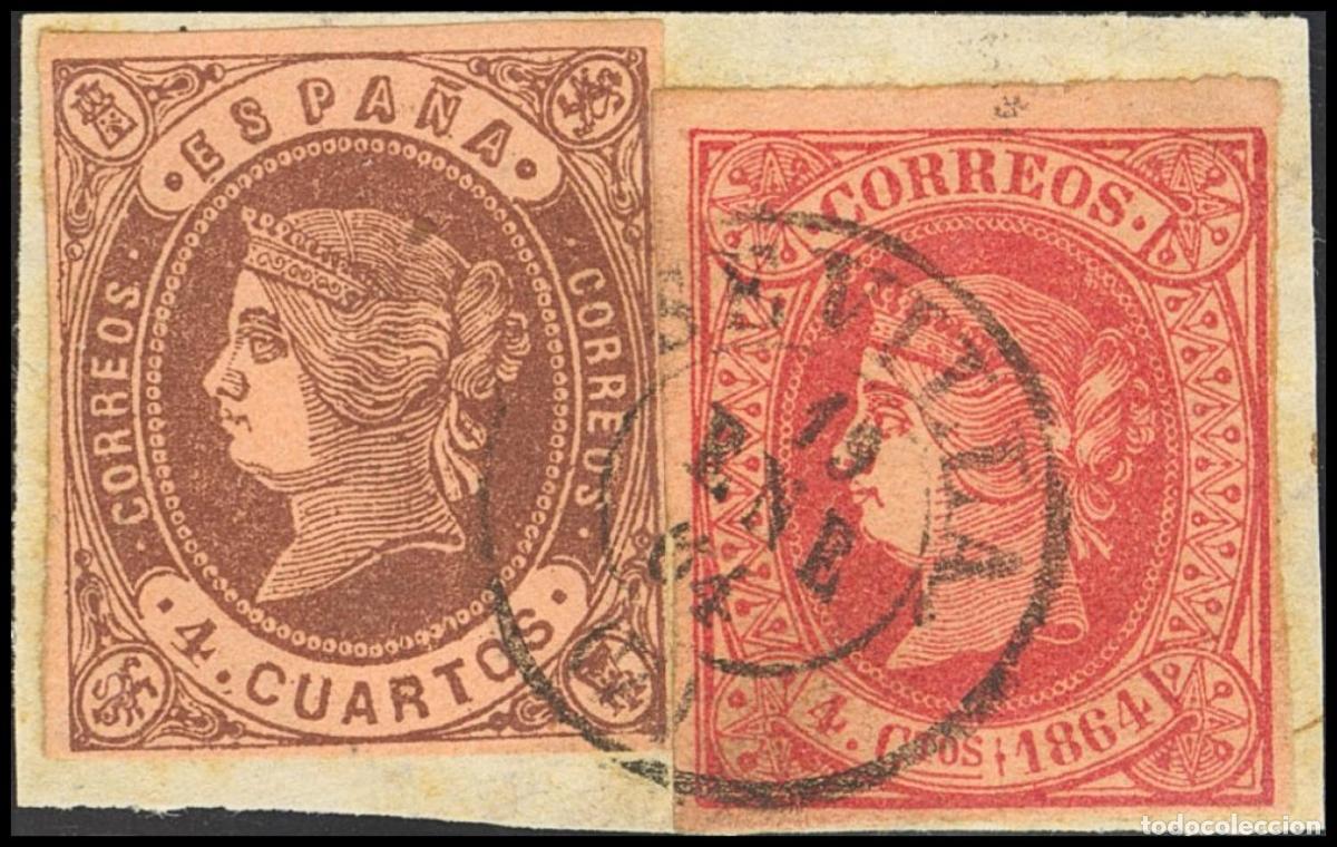 Briefmarken: Isabel II. Periodo Sin Dentar. &#9651; 58, 64. 1864. 4 cuartos casta&ntilde;o y 4 cuartos rojo, sobre fragm