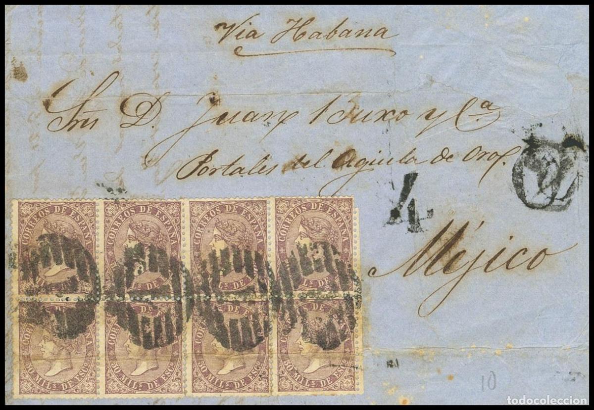 Briefmarken: Selecci&oacute;n Trato Privado. 98(8). 1868. 50 mils violeta, bloque de ocho (doblez de archivo). MADRID