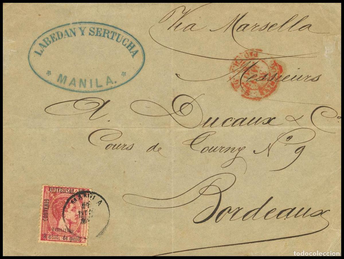 Sellos: Selecci&oacute;n Trato Privado. 55. 1879. 8 ctvos sobre 100 mils carm&iacute;n. MANILA (FILIPINAS) a BURDEOS (FR