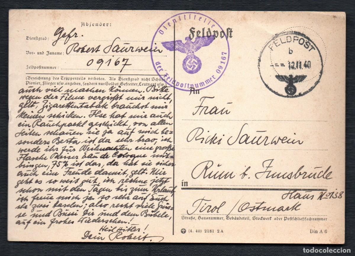 Sellos: ALEMANIA REICH. 1940. FELDPOST. N&ordm; 09167. CORREO CAMPA&Ntilde;A. 2&ordf; GUERRA MUNDIAL.