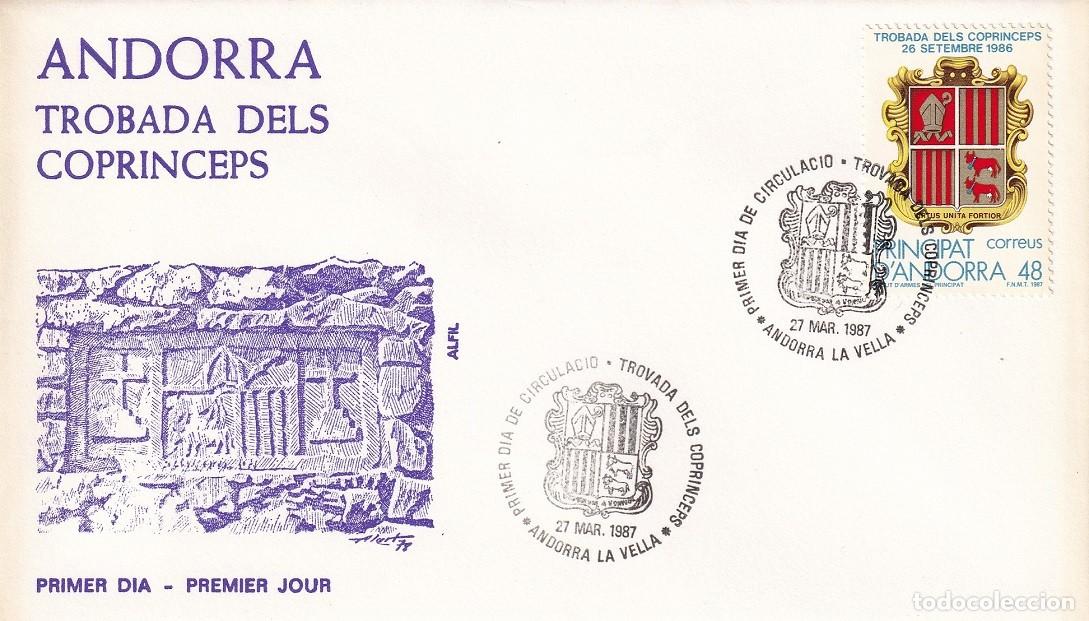 Sellos: FDC en Alfil Andorra la Vella 1987 - Trobada dels coprinceps Encuentro copr&iacute;ncipes - Escudo nacional