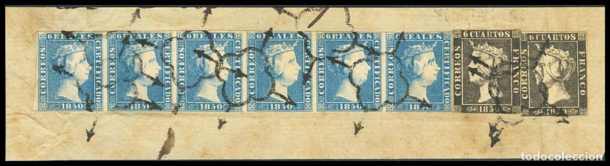 Stamps: Selecci&oacute;n Trato Privado. &#9651; 1, 1A, 4(6). 1850. 6 reales azul, tira de seis y 6 cuartos negro,