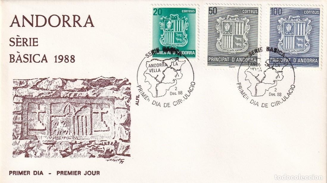 Sellos: FDC en Alfil Andorra la Vella 1988 - S&egrave;rie B&agrave;sica 1988 - Primer dia de circulaci&oacute; - SPD Primer d&iacute;a