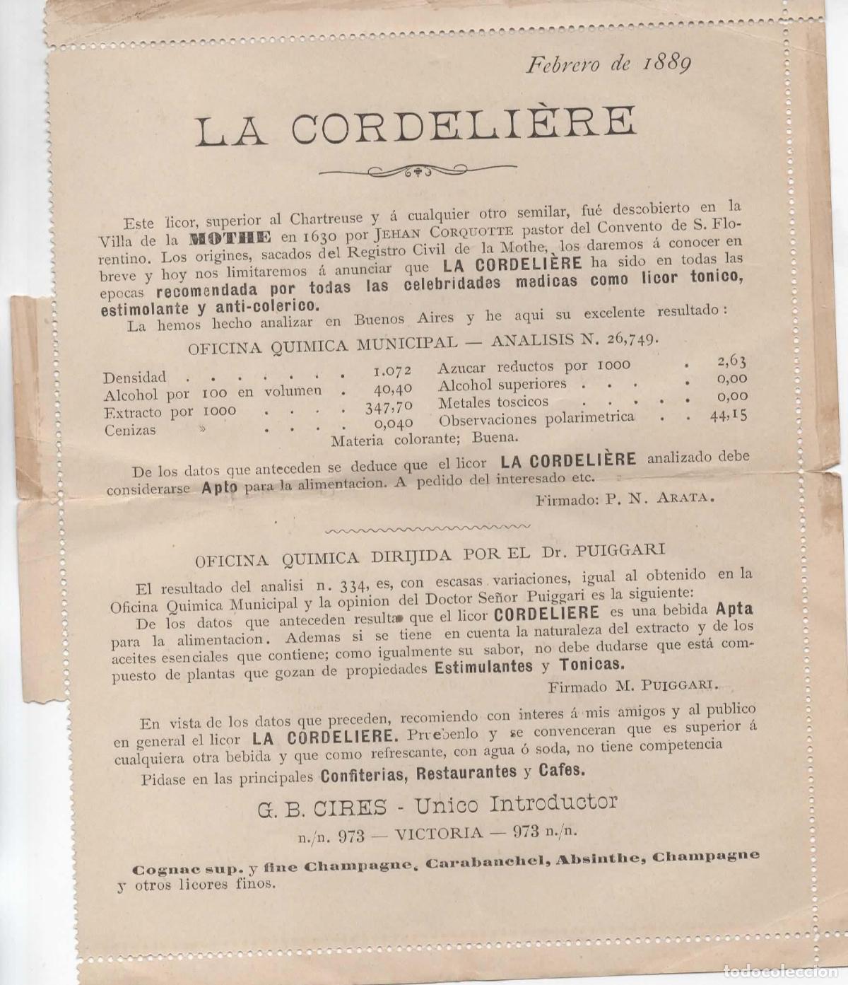 Sellos: ARGENTINA 1889 ENTERO POSTAL CON PUBLICIDAD LA CORDELIERE MEDICINA FARMACIA QUIMICA