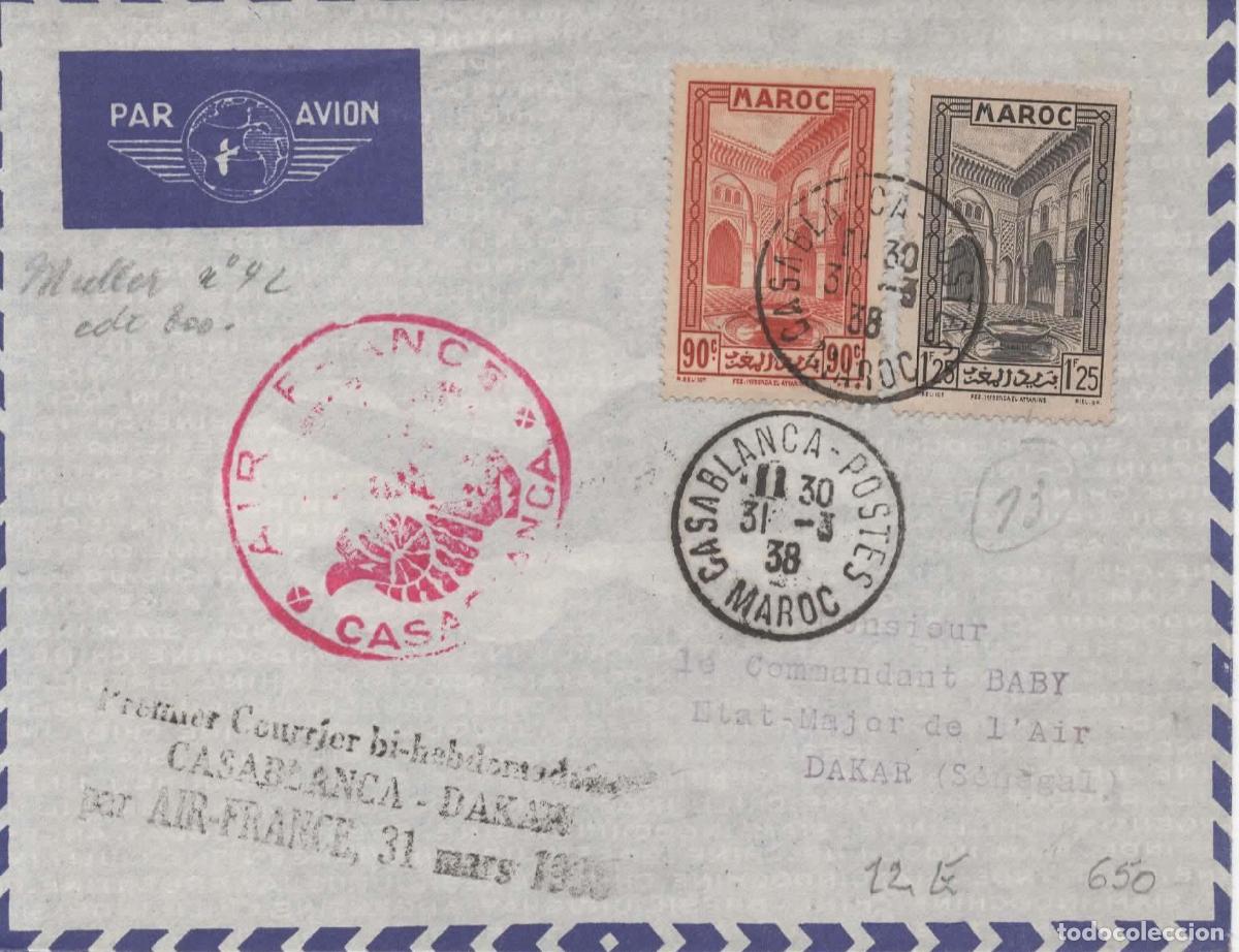 Sellos: MARRUECOS CASABLANCA PRIMER VUELO A DAKAR 1938 AIR FRANCE