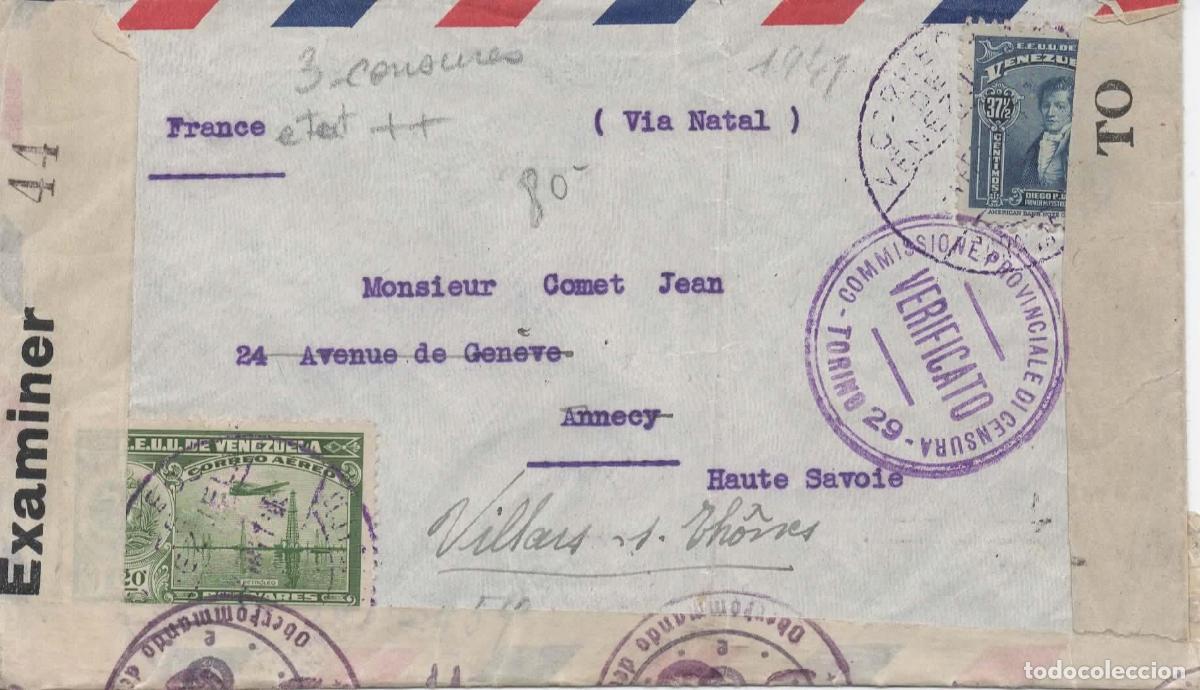 Sellos: VENEZUELA A FRANCIA ANNECY TRIPLE CENSURA 1941
