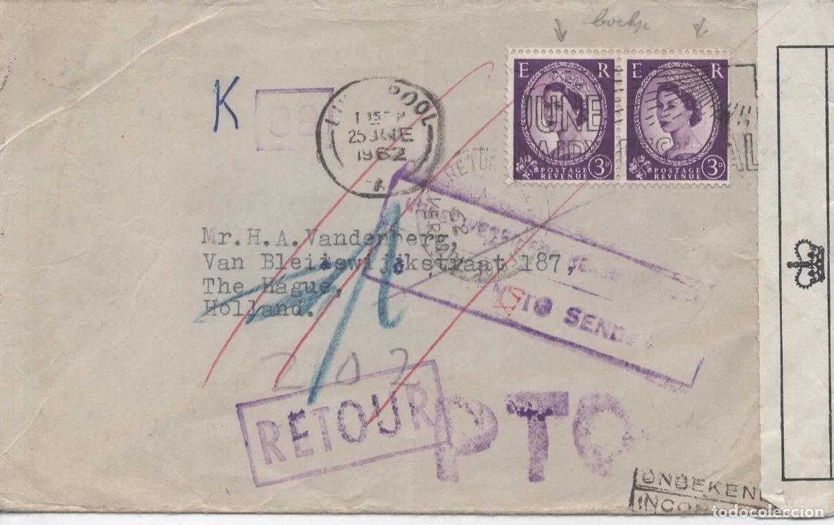 Sellos: REINO UNIDO LIVERPOOL A THE HAGHE DEVUELTA OFFICIALLY SEALED 1962