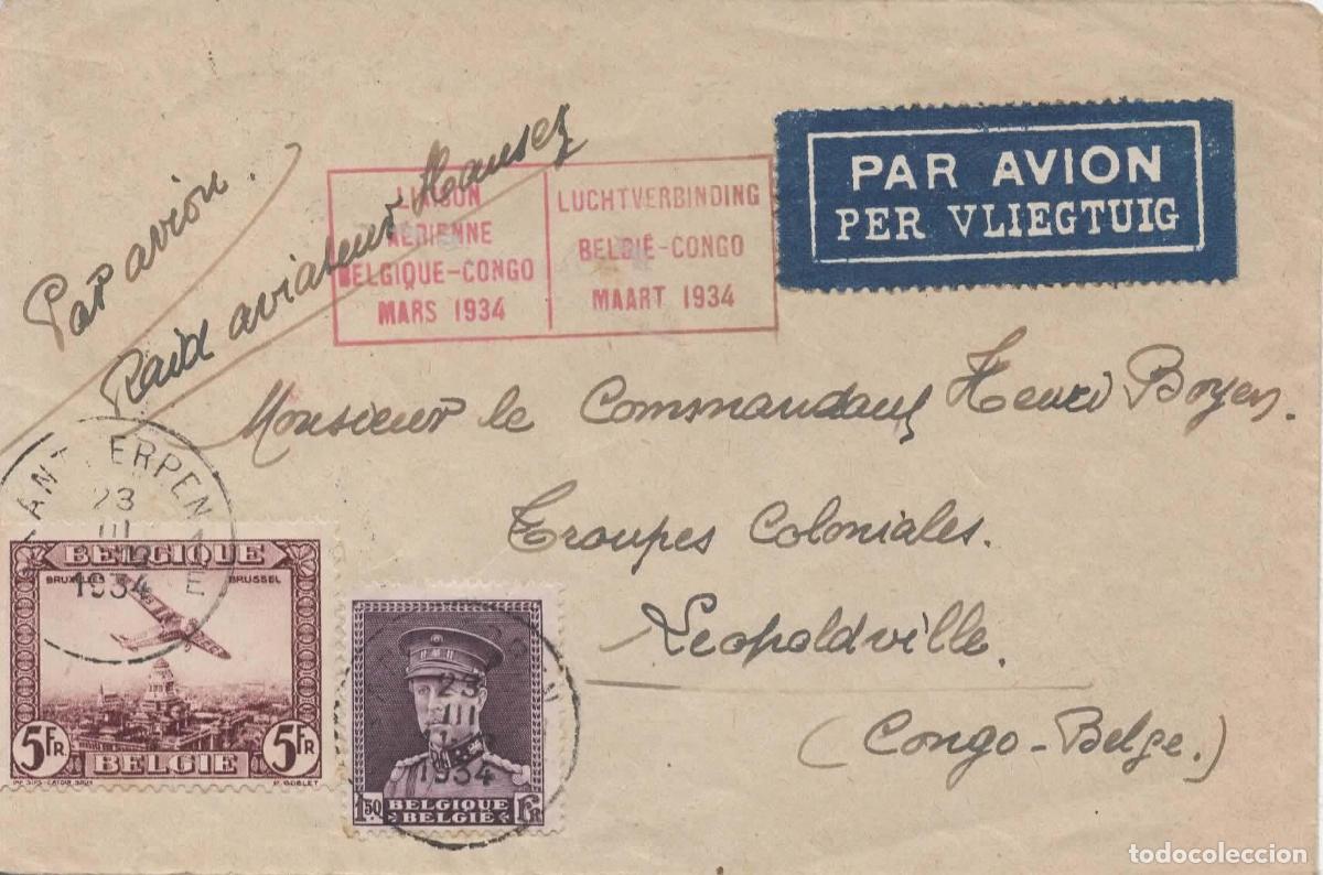 Sellos: BELGICA CC A CONGO BELGA 1934 ENLACE AEREO