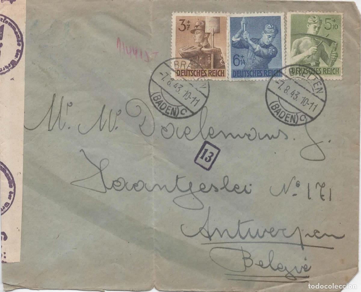 Sellos: ALEMANIA 3 REICH CC A BELGICA 1943 TRABAJADOR BELGA EN BRETTEN BELGISH WORKER CENSURA QUIMICA