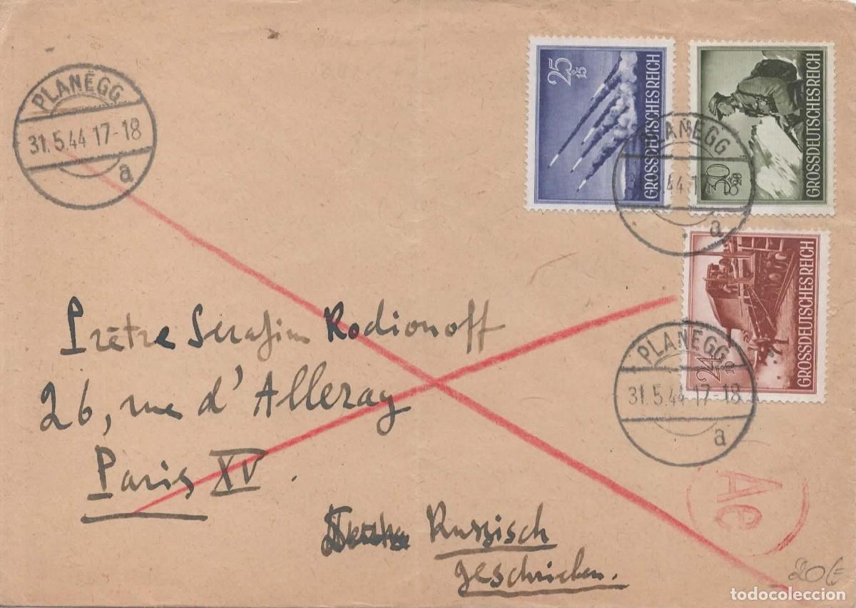 Sellos: ALEMANIA 3 REICH CC A PARIS PLANEGG 1944 SOLDADO ARMAS COHETE ROCKET TREN RAILWAY FERROCARRIL