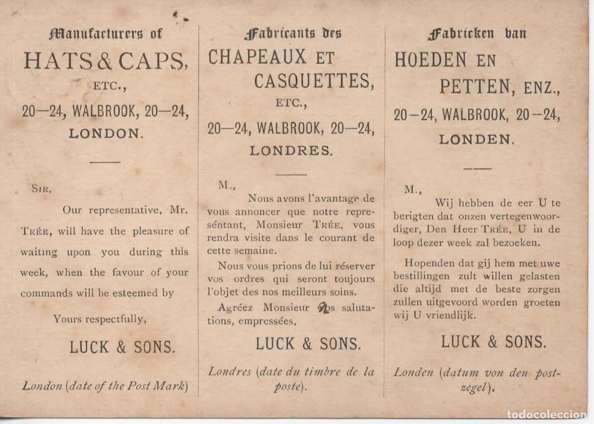 Sellos: REINO UNIDO ENTERO POSTAL 1880 A ANVERS PUBLICIDAD LUXK & SONS MODA FASHION HATS & CAPS SOMBRERO