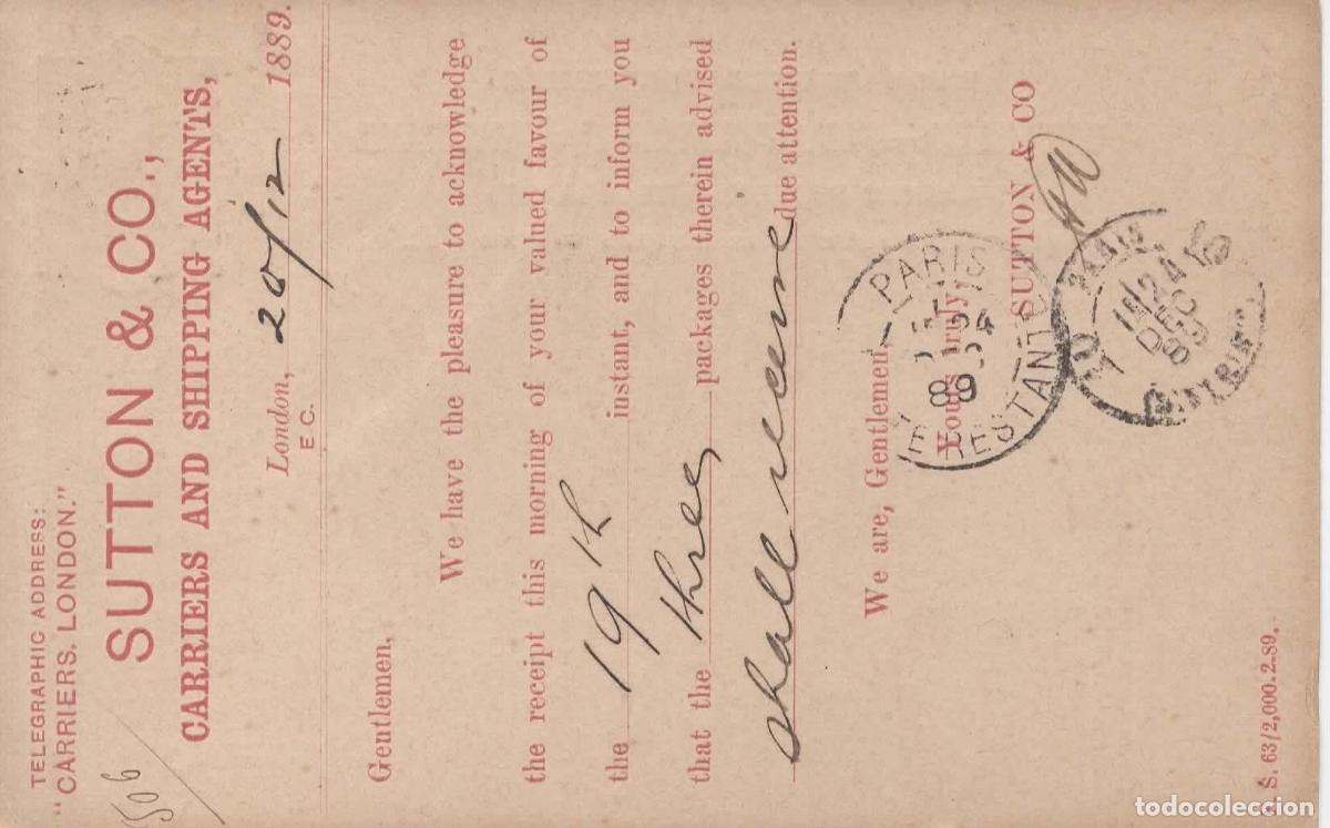Sellos: REINO UNIDO ENTERO POSTAL 1889 LONDON A PARIS SUTTON & CO CARRIERS AND SHIPPING AGENTS