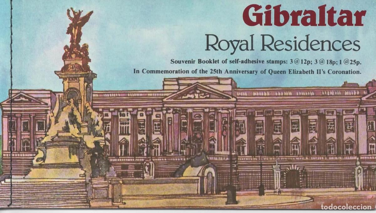 Sellos: GIBRALTAR CARNET BOOKLET ROYAL RESIDENCIES BUCKINGHAM WINDSOR PALACE BALMORAL CASTLE MEY