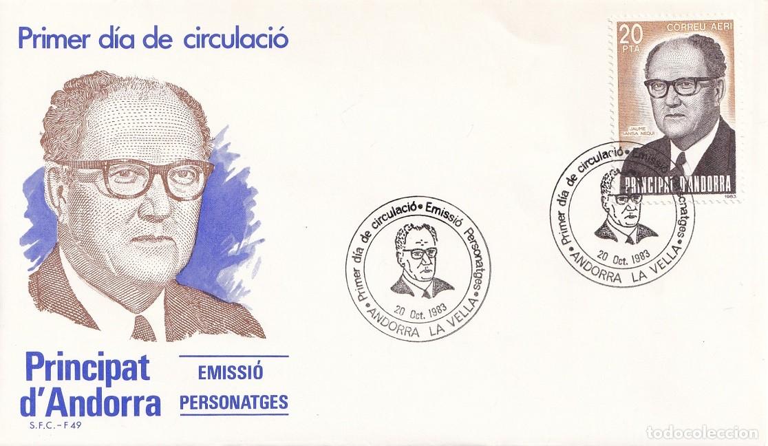 Sellos: FDC Andorra la Vella 1983 A&eacute;reo - Emissi&oacute; Personatges - Veguer episcopal Jaume Sansa Nequi 1908-1977