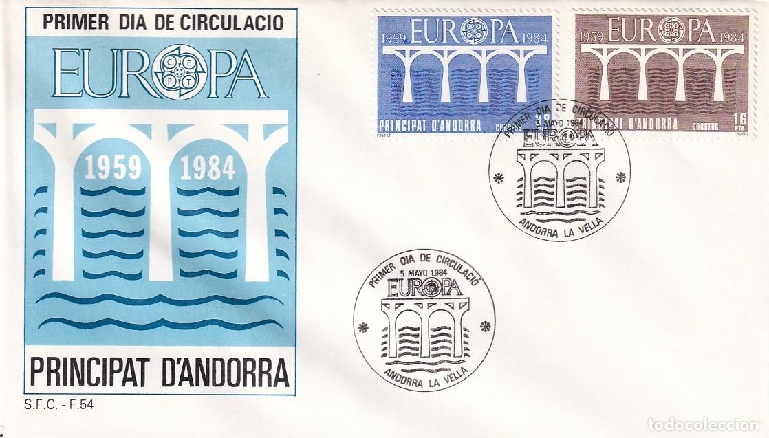 Sellos: FDC 1984 Andorra la Vella - Europa 1959-1984 - Dise&ntilde;o com&uacute;n - Puente - Primer dia de circulaci&oacute;