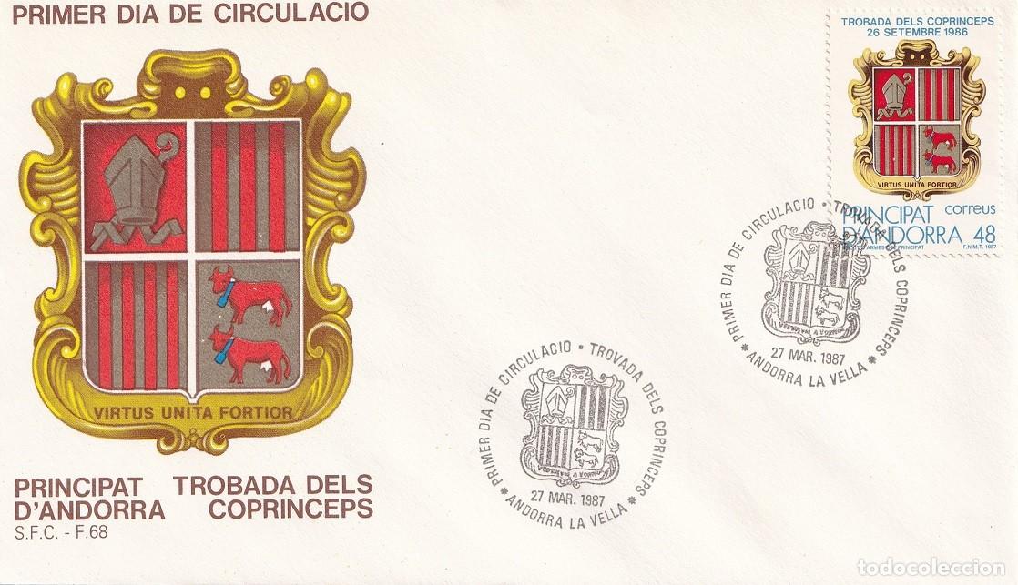 Briefmarken: SPD Principat d' Andorra 1987 - Trobada dels coprinceps - Escudo nacional - Primer dia - Andorra