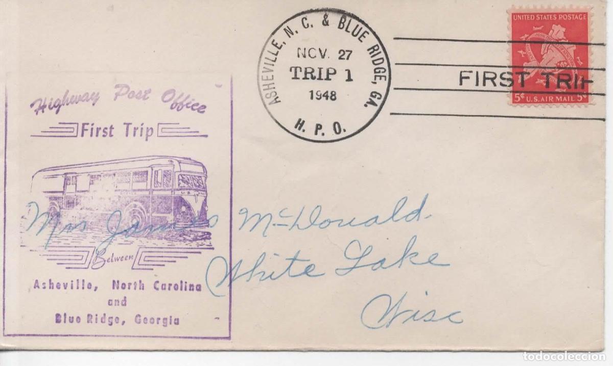Sellos: ESTADOS UNIDOS USA MOBILE POST OFFICE 1948 TRIP 1 ASHVILLE & BLUE RIDGE AUTOBUS BUS