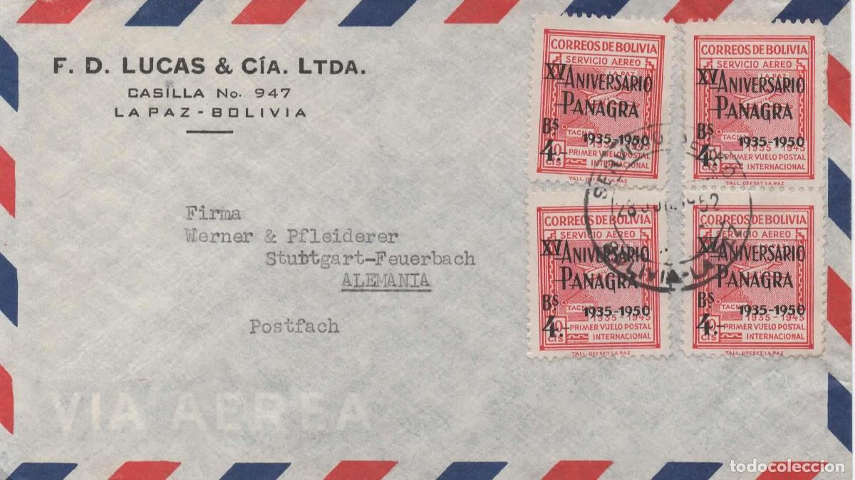 Sellos: BOLIVIA CC A ALEMANIA XV ANIVERSARIO PANAGRA AIR LINES LINEAS AEREAS