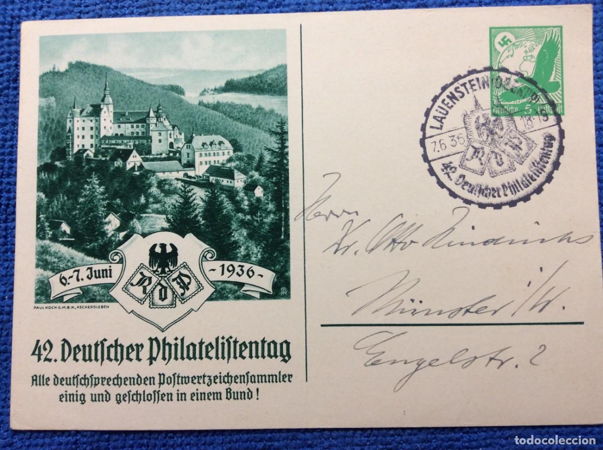 Sellos: ALEMANIA III REICH 1936 ENTERO POSTAL DE EMISI&Oacute;N PRIVADA CIRCULADO. INTERESANTE MATASELLOS (1DDJ61)