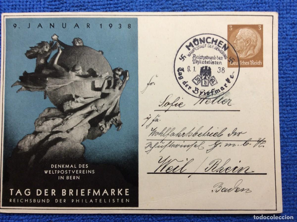Sellos: ALEMANIA III REICH 1938 ENTERO POSTAL DE EMISI&Oacute;N PRIVADA CIRCULADO. INTERESANTE MATASELLOS (1DDJ62)