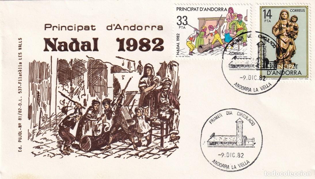 Sellos: SPD Andorra 1982 Navidad Nadal - Virgen y El caga ti&oacute; o El ti&oacute; de Nadal - FDC serie completa / Pujol