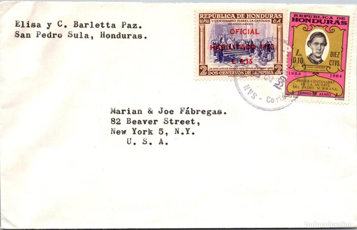 Sellos: HONDURAS CC A USA SELLO COLON COLUMBUS PADRE SUBIRANA DE MANRESA