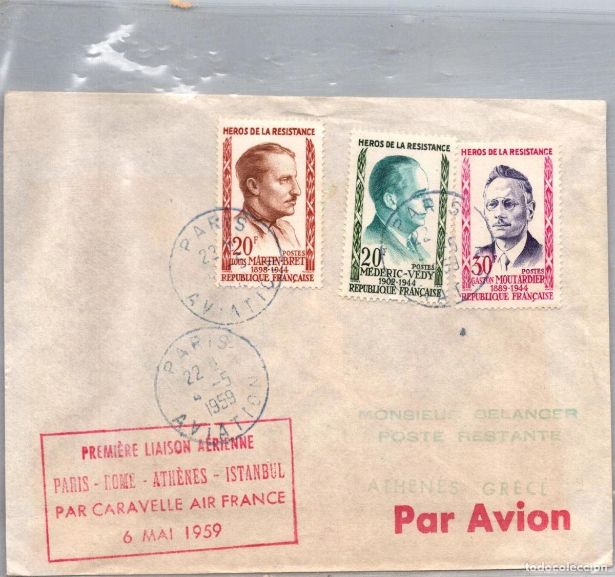 Sellos: FRANCIA PRIMER VUELO PARIS ROMA ATENAS ESTAMBUL 1959 AIR FRANCE LLEGADA ATENAS