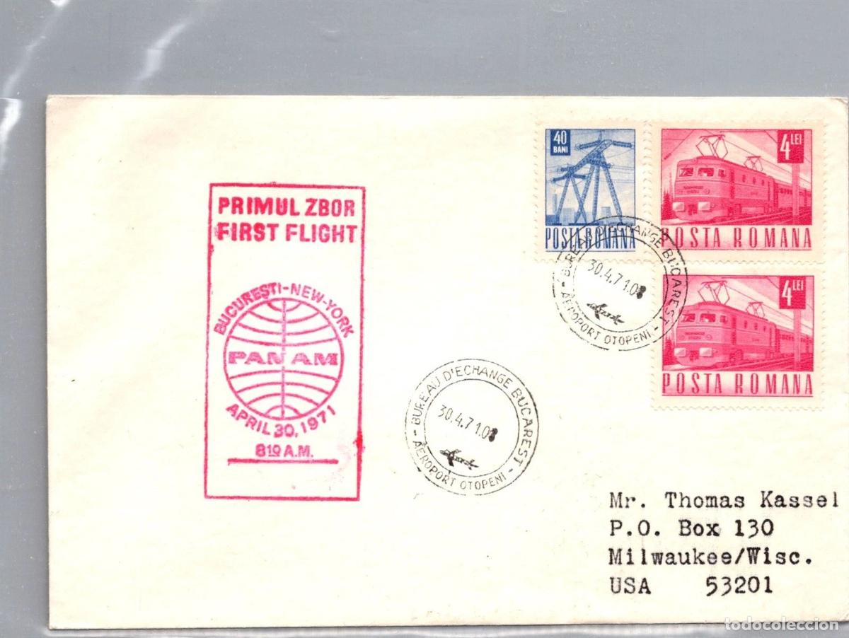 Sellos: RUMANIA PRIMER VUELO PAN AM BUCURESTI NEW YORK 1971