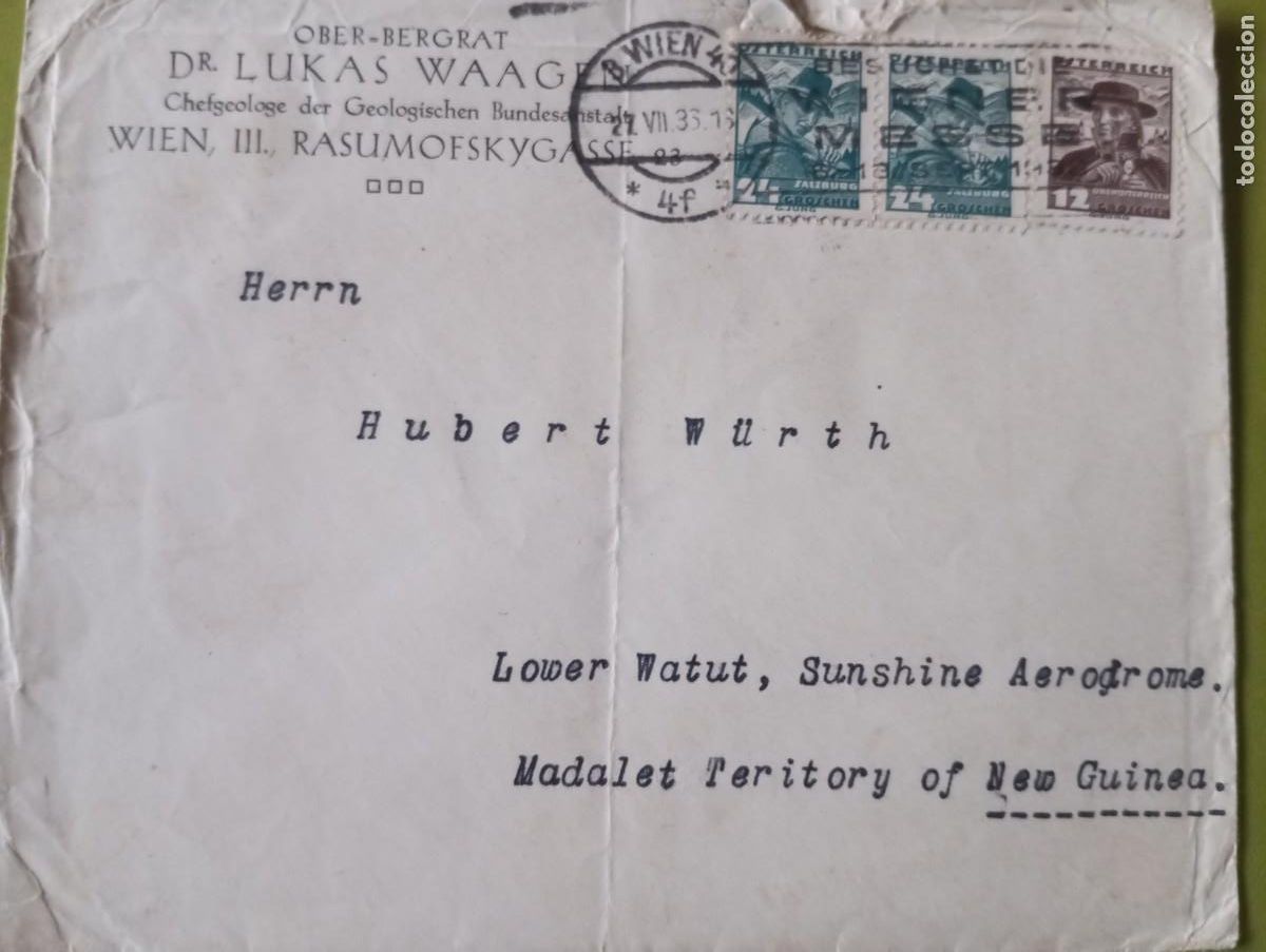 Sellos: AUSTRIA 1933, CORRESPONDENCIA DE VIENA A NUEVA GUINEA. VER DESCRIPCI&Oacute;N. MUY RARO