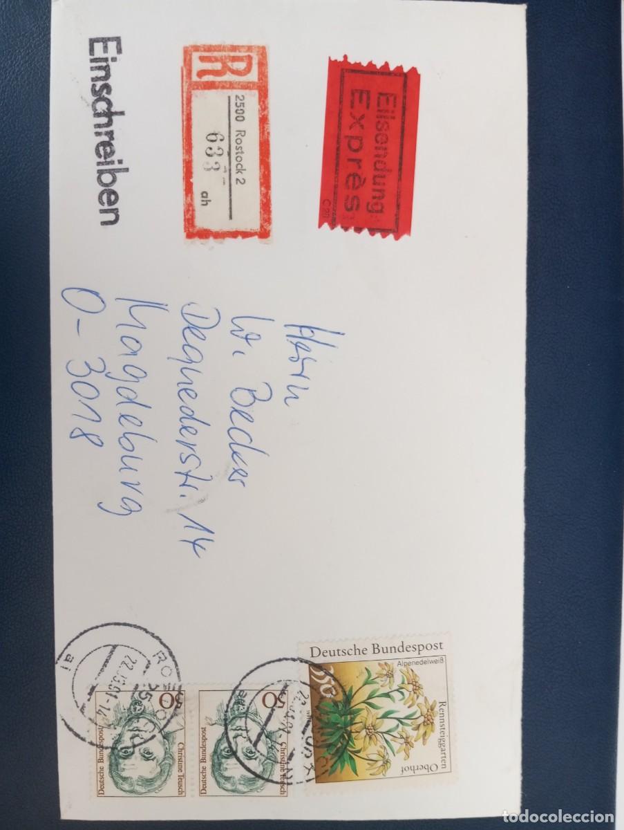 Sellos: ALEMANIA, RDA, CERTIFICADO DE ROSTOCK CON ETIQUETA DE CORREO URGENTE.. DORSO MAT DE LLEGADA