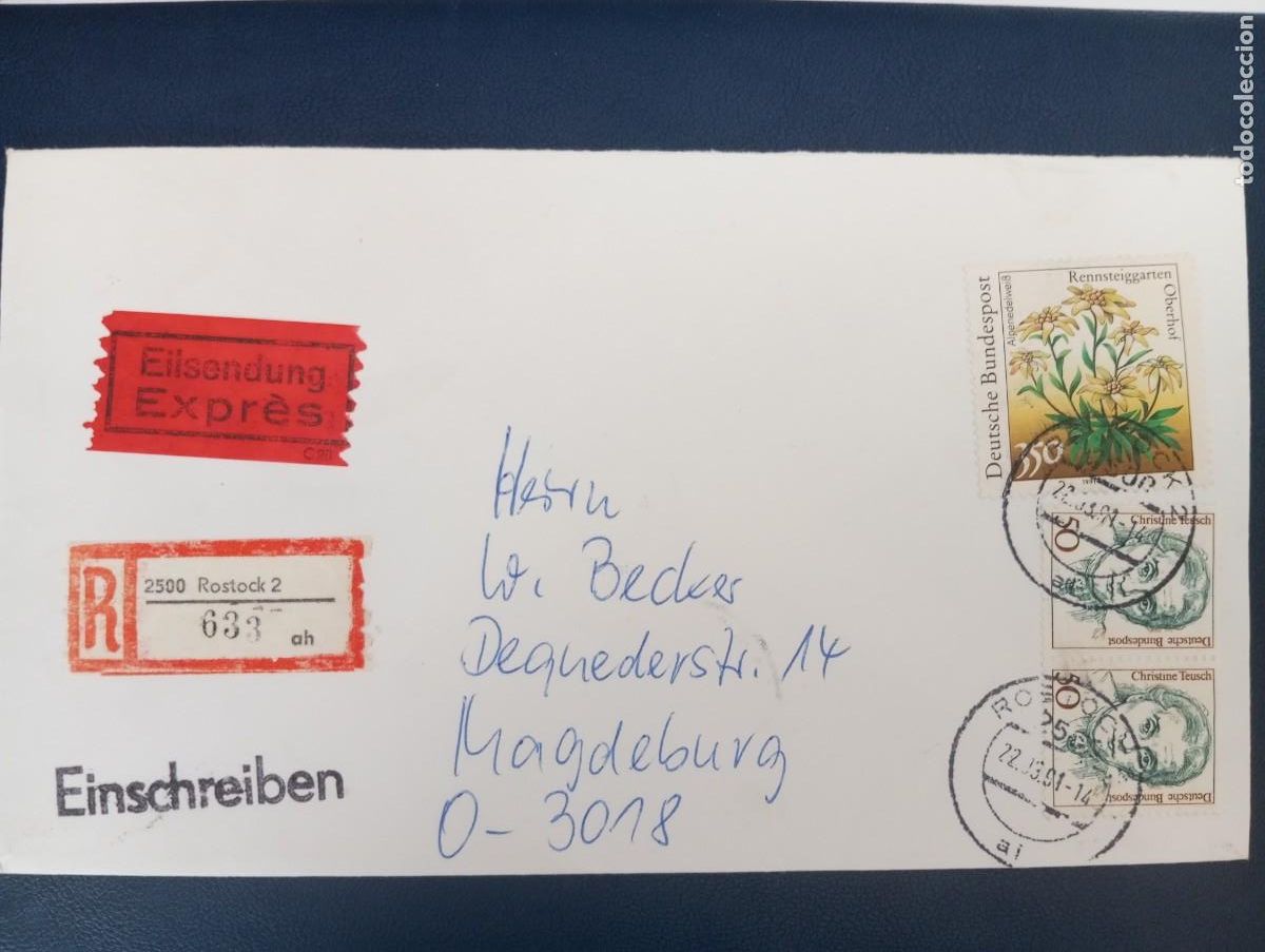 Sellos: ALEMANIA, RDA, CERTIFICADO DE ROSTOCK CON ETIQUETA DE CORREO URGENTE.. DORSO MAT DE LLEGADA