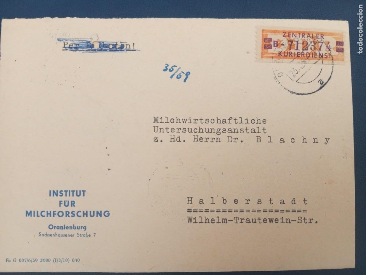 Sellos: ALEMANIA, RDA, SOBRE DEL INSTITUTO DE INVESTIGACI&Oacute;N LACTEA DE ORANIENBURG. VER DESCRIPCI&Oacute;N