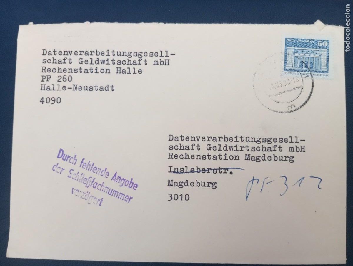 Sellos: ALEMANIA, RDA, SOBRE DE LA EMPRESA DE PROCESAMIENTO DE DATOS DEL SECTOR FINANCIERO DE HALLE A LA DE